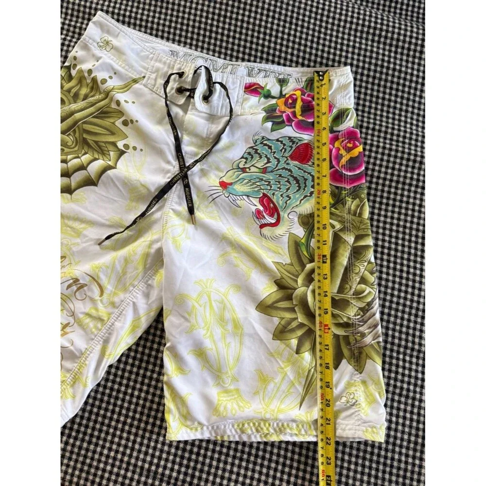 Christian Audigier Tattoo-Print Ed Hardy Board Shorts with Skull/Tiger Y2K! 💀